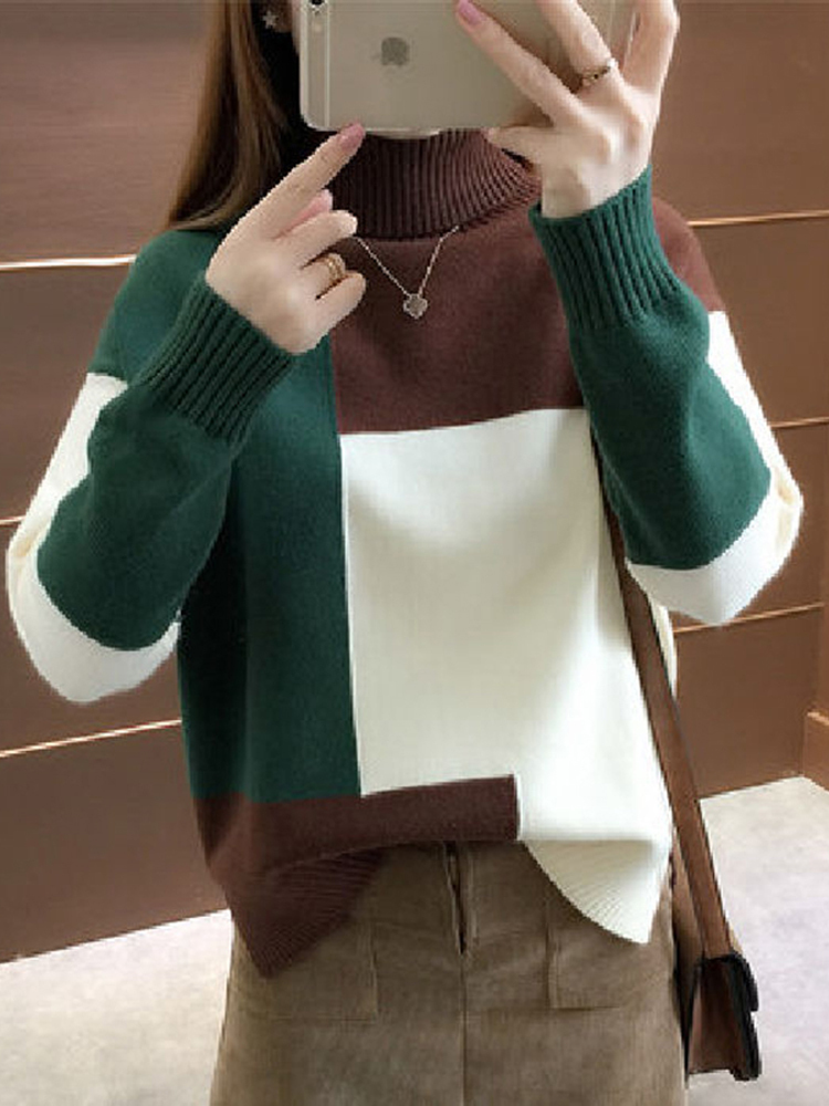 JMPRS Patchwork Women Pullover Sweater Autumn Loose O Neck Long Sleeve Knitted Thick Korean Fashion Female Jumper Top 220809