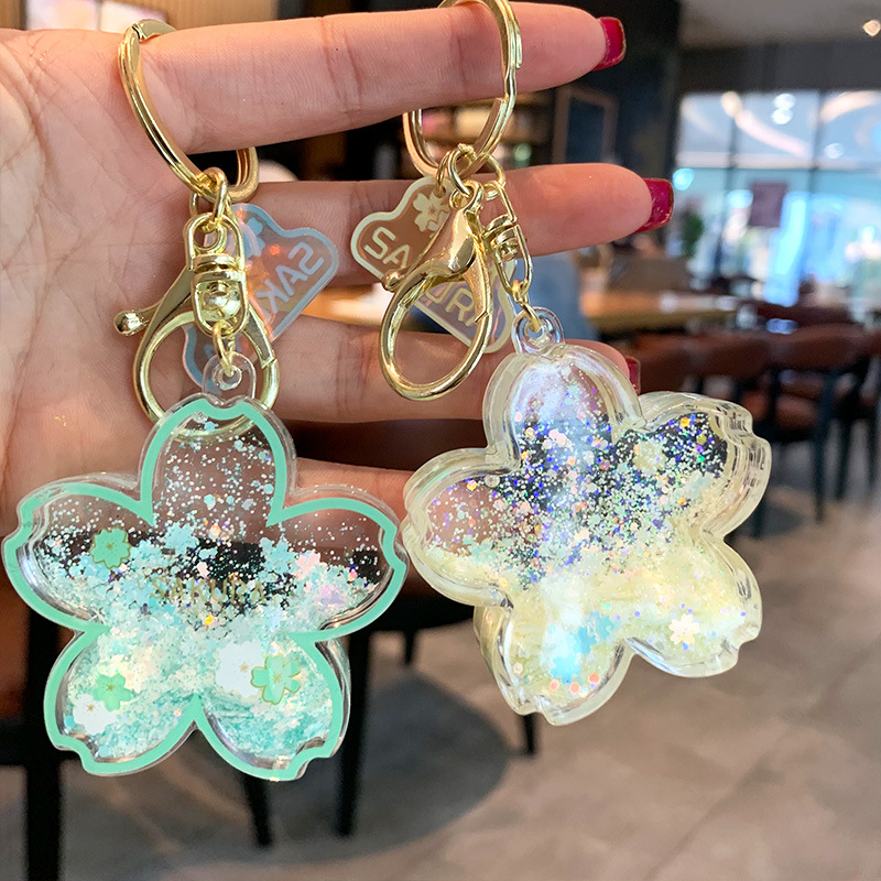 Acrylic Flower Keychains Sakura Car Key Chain Ring Accessories Women Fashion Schoolbag Pendants Bag Charms Cute Gold Metal Keyrings Jewelry for Girls 
