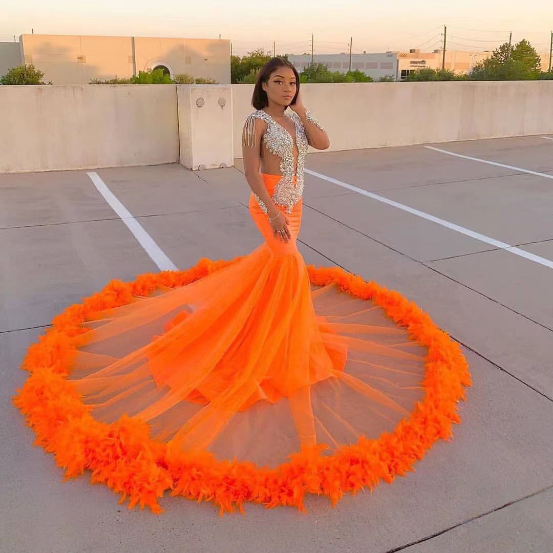 Orange African Prom Dresses Beading Sequined Deep V Neck Feathers Long Mermaid Evening Dress Formal Party Gowns Vestidos Plus Size