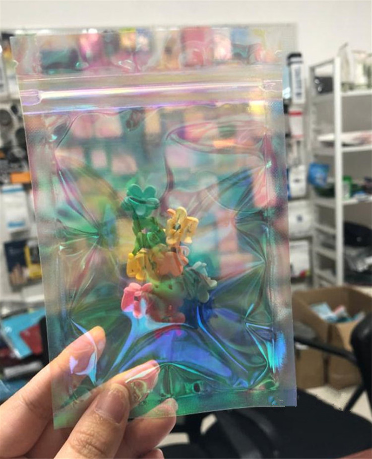 100pcs Cute Rainbow Film Laser Self Sealing Packaging Bags Resealable Jewelry Trinkets Nail Beauty Eyelashes Beads Snack Coffee Beans Hanging Hologaph