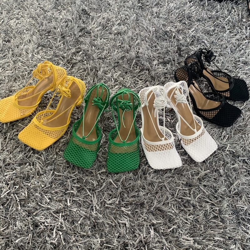 Sexy Green Mesh Women Pumps Sandals Female Square Toe high heels Lace Up Cross-tied Stiletto hollow Party Shoes Woman 220328