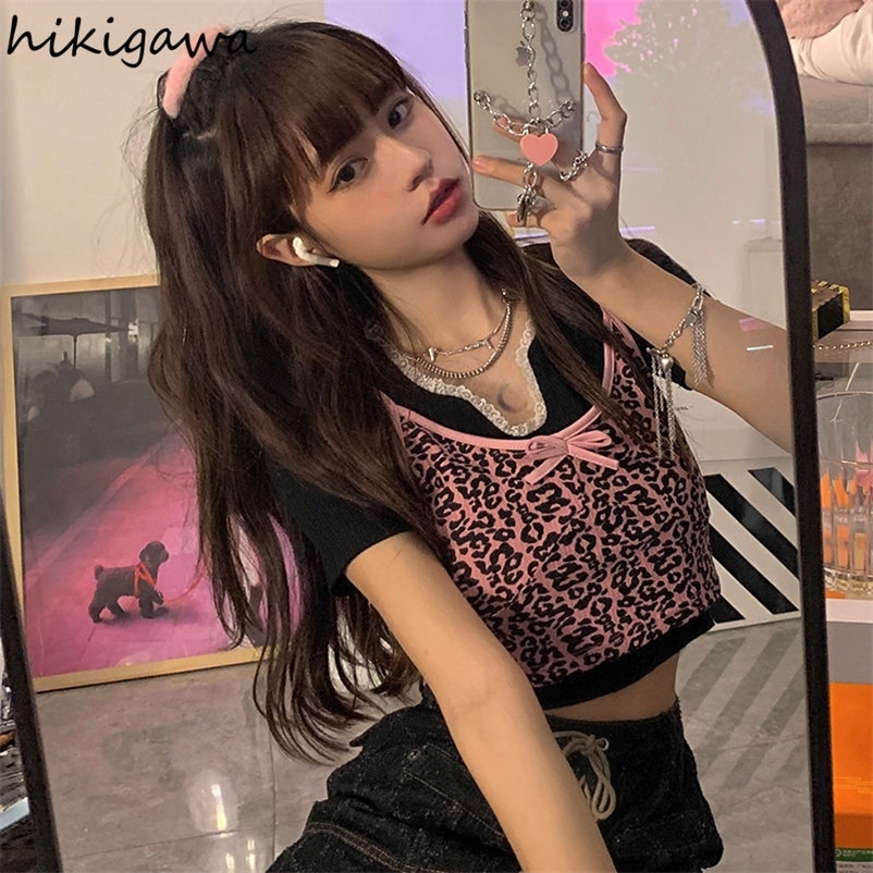 Hikigawa Woman Tshirts V neck Patcheork Lace Short Sleeve Tees Sexy Leopard Print Camisole Summer Korean Fashion 2 Piece Set 220616, Black tshirt
Hikigawa Woman Tshirts V neck Patcheork Lace Short Sleeve Tees Sexy Leopard Print Camisole Summer Korean Fashion 2 Piece Set 220616, Black tshirt