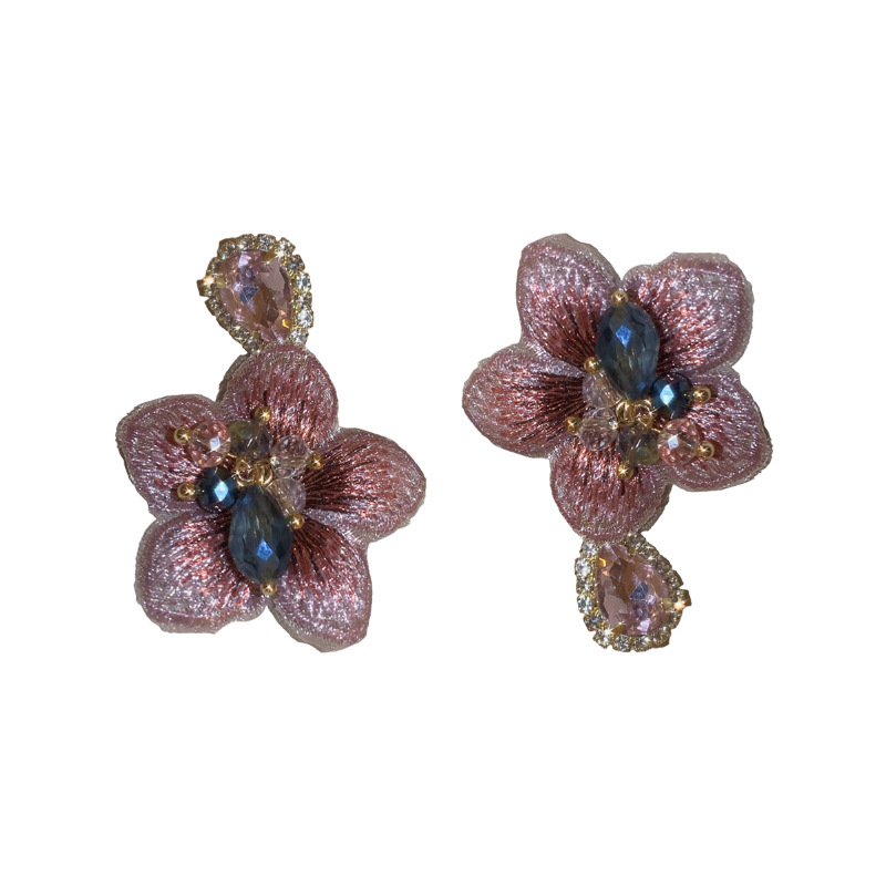 S3005 Fashion Jewelry S925 Silver Post Flower Dangle Earrings Crystal Rhinestone Water Drop Pendant Flowers Asymmetrical Stud Earrings