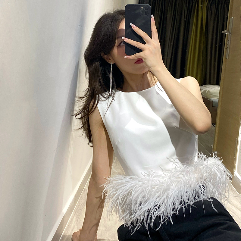 Korean Style Feather Patchwork Tank - Black Sleeveless Round Neck Slim Fit Summer Top For Women
