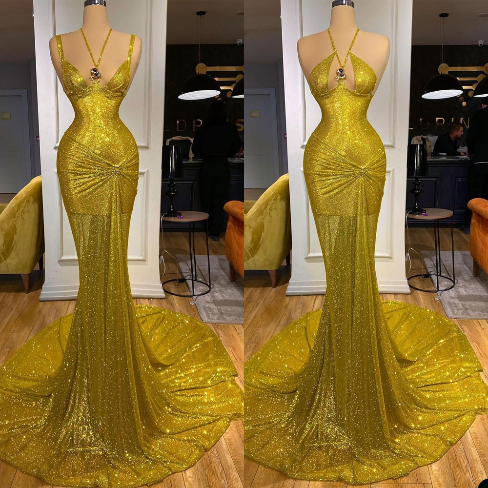 Sexy Yellow Prom Dresses Beads Appliqué Sleeveless Art Deco-inspired Neck Custom Made Formal Dubai Evening Dress Sweep Plus Size Robes De Mariée