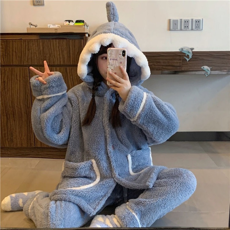 QWEEK Shark Women's Pajamas Flannel Hooded Sleepwear Kawaii Pijama Female Set with Pants Cute Pyjamas Halloween Party Loungewear 220329
