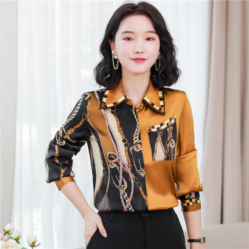 Fashion Silk Print Brown Shirt Women Long Sleeve Lapel Button Designer Blouses Spring Autumn Office Ladies Shirts Runway Woma