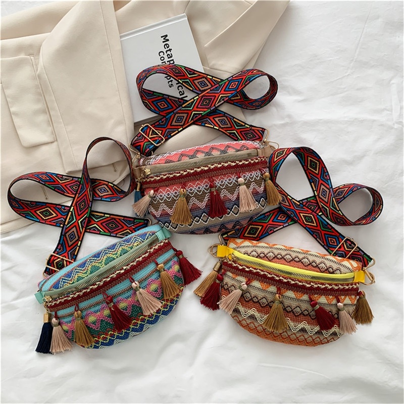 Women Folk Style Waist Bags with Adjustable Strap Variegated Color Fanny Pack with Fringe Decor 220621