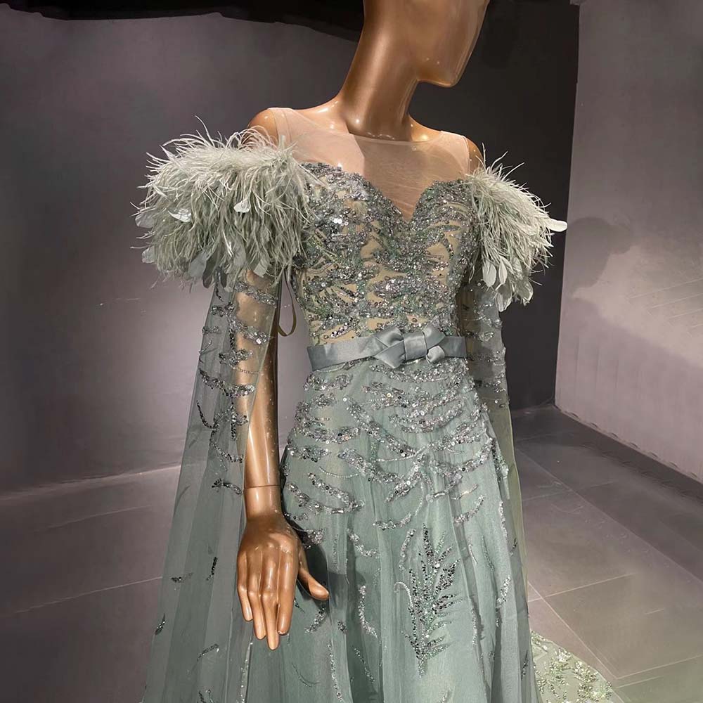 Green A-line Evening Dress Glitter Lace Sequins Appliques Beads Ostrich Feather Floor Length Sleeveless Chiffon Ruffles Elegant Custom Made Plus Size 