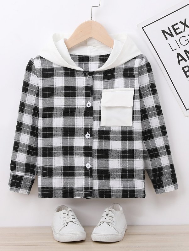 Toddler Boys Plaid Print Flap Pocket Hooded Jacket SHE