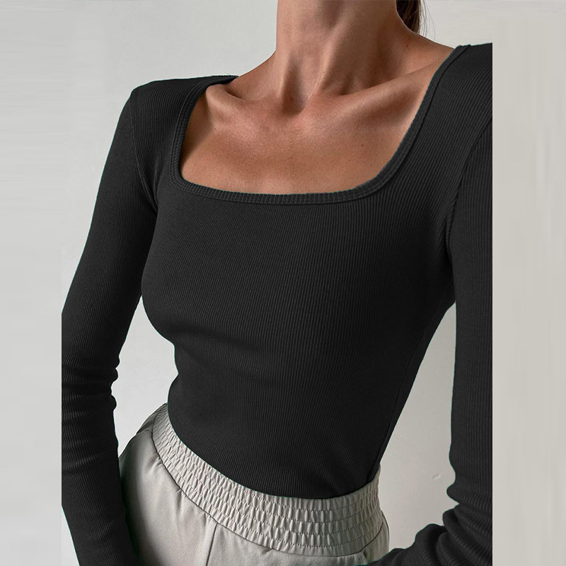 Y2K Square Neck Long Sleeve T Shirt Knitted Autumn Winter Black Ribbed Basic Top Female Sexy Casual Slim Shirt 220328