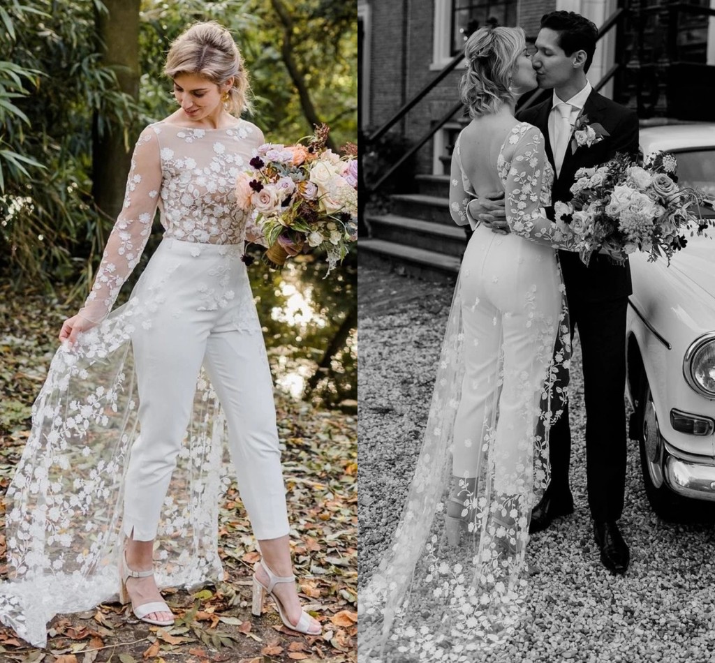 Sexy Open Back Pant Suit Wedding Party Bride Gowns 2022 Applique Lace Long Sleeves Bridal Wedding Dresses B0603G07, Ivory
Sexy Open Back Pant Suit Wedding Party Bride Gowns 2022 Applique Lace Long Sleeves Bridal Wedding Dresses B0603G07, Ivory