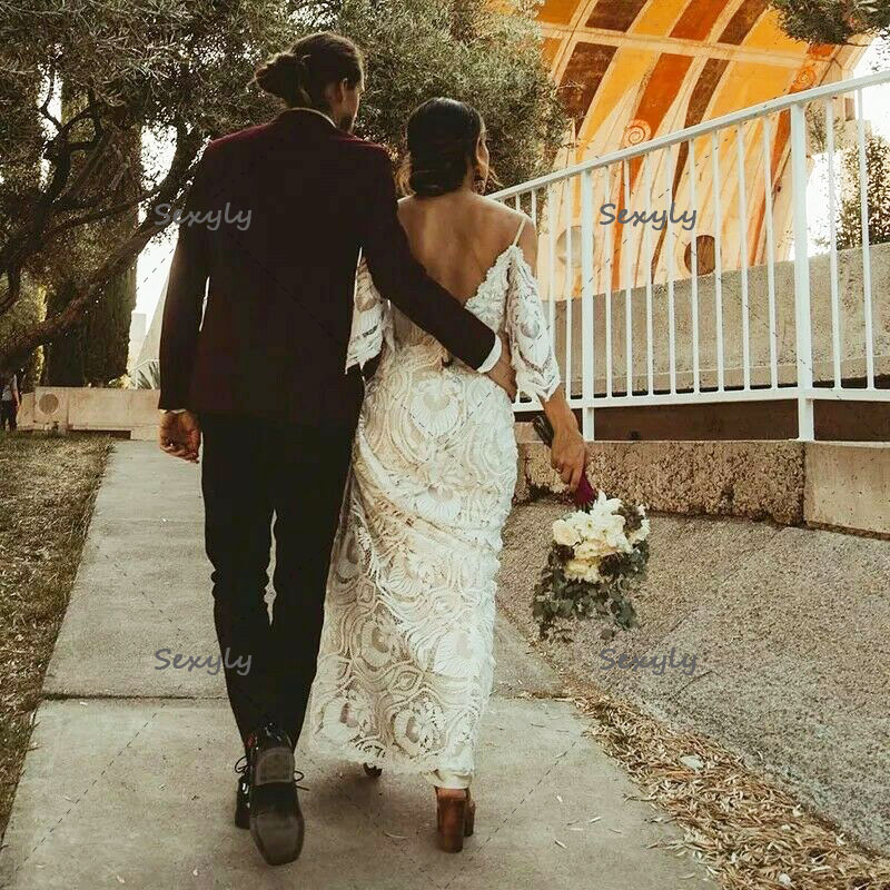 2022 Lace Boho Wedding Dress Plus Size Spaghetti Straps Backless Mermaid Bohemian Wedding Dresses Chic Women Hippies Bride Gowns Vintage Elegant Vesti