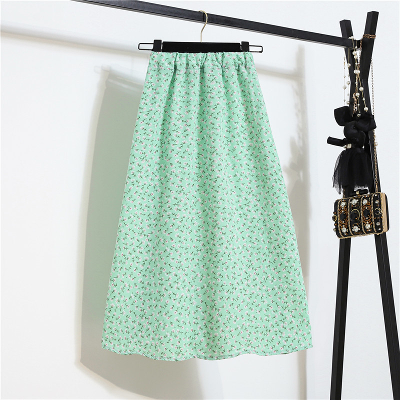 Summer Skirts Vintage Floral Print Chiffon A-Link Elastic High Waist Casual Midi Clothes Jupe Plus Size 220322