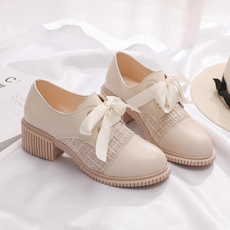Dress Shoes 2022 Spring Chunky Lolita Style Sweet Women Bow Fashion Mary Janes Party Lace Up Sports Pu Leather Mujer Zapatos, Black