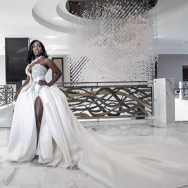 Plus Size Arabic Aso Ebi Crystals Wedding Dress High Split sparkly black girl One Shoulder Sexy Satin Bridal Gowns