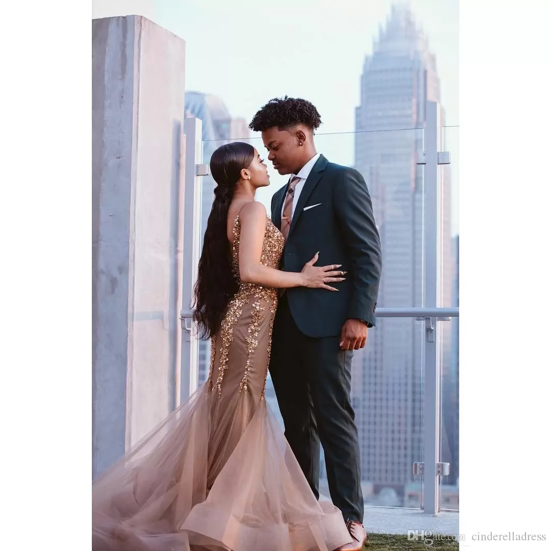 Brown African Black Girls Prom Dresses 2022 Spaghetti Straps Floor Length Beadings Crystals Formal Dress Evening Gowns Wear robe de soiree BES121