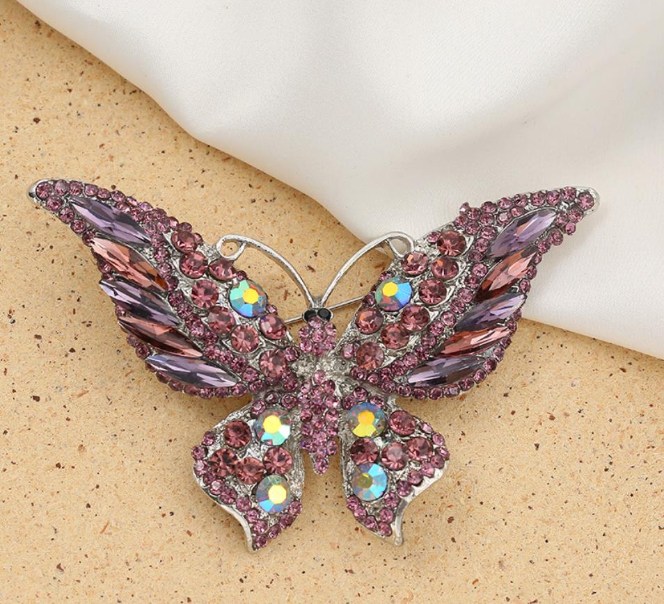 Rhinestone Butterfly Brooch Christmas Birthday Lapel Jewelry Gift Crystal Silver Plated Animal Insect Corsage Pin Bling Fashion Women Girl Accessories