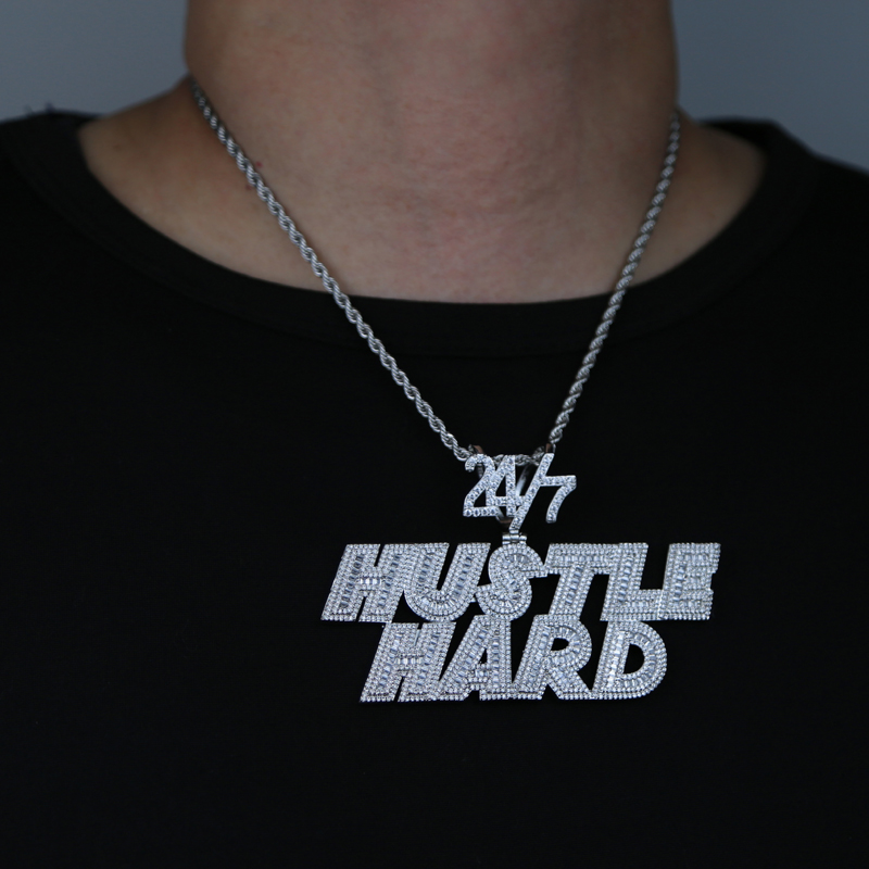 Custom Name Necklace Hustle Hard Letter with Rope Chain Iced Out Bling 5A Cubic Zirconia Cz Paved Fashion Hiphop Rock Jewelry
