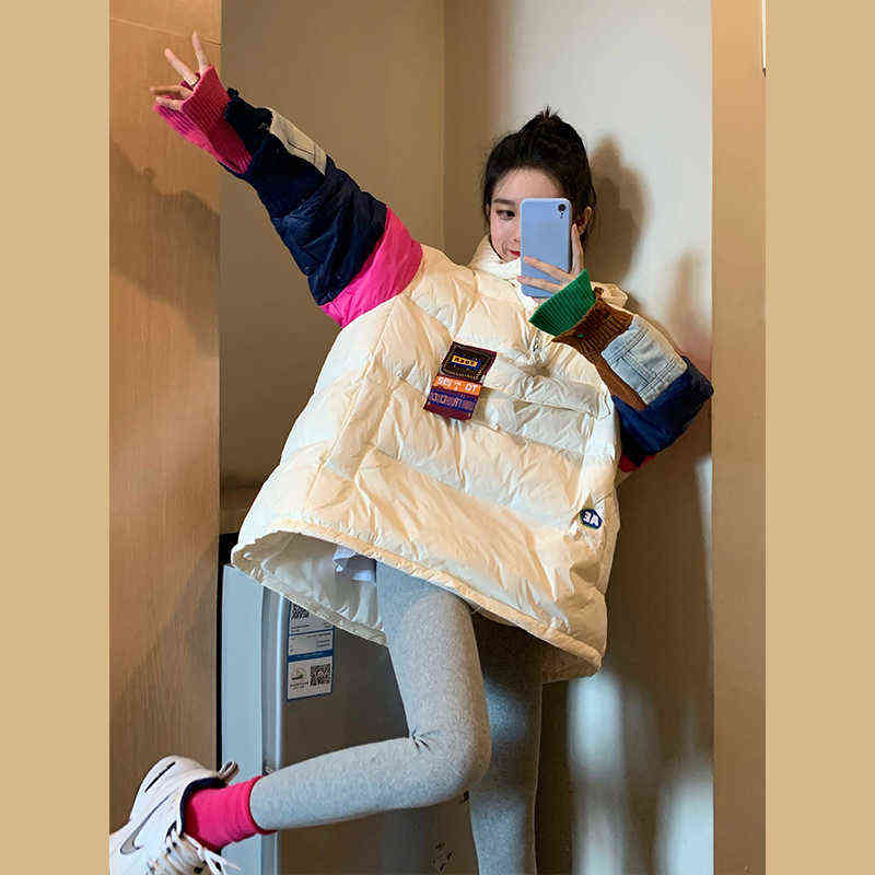 Qingwen Women Winter Thick Fashion Patchwork Hooded Sweater Casual Down Jacket Female 2022 Loose Warm Overcoat Down Jacket Parka L220725