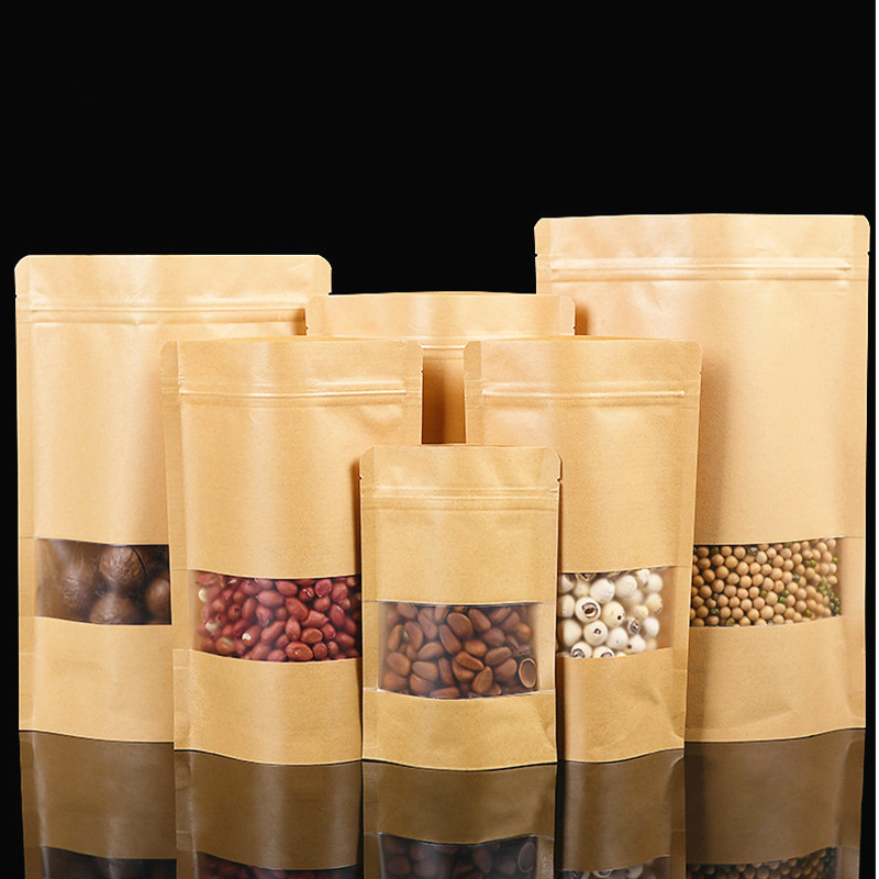 100pcs Thick Stand up Kraft Paper Frosted Window Zip Lock Bag Resealable Biscuits Ground Coffee Beans Snack Flower Tea Fruits NUts Gifts Storage Pouch