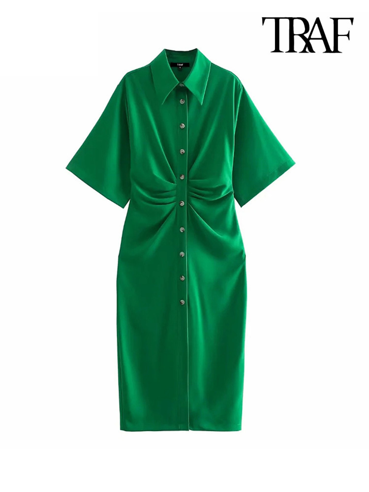 TRAF Women Chic Fashion Buttonup Draped Midi Shirt Dress Vintage Short Sleeve Side Zipper Female Dresses Vestidos 220707