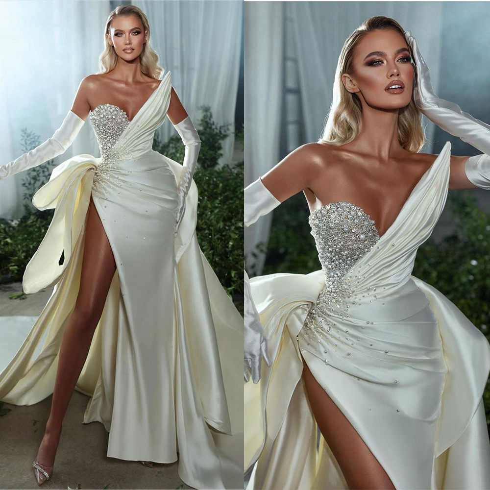 Mermaid Wedding Dress with One Shoulder Satin Bead Bodice & Tulle Skirt, Custom Made, or-Length