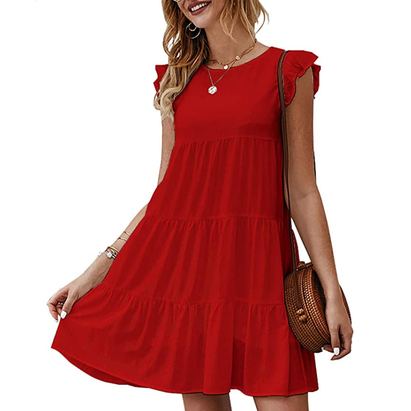 Women Summer Casual Dresses Sleeveless Ruffle Sleeve Round Neck Mini Dress Solid Color Loose Fit Short Flowy Pleated Dress