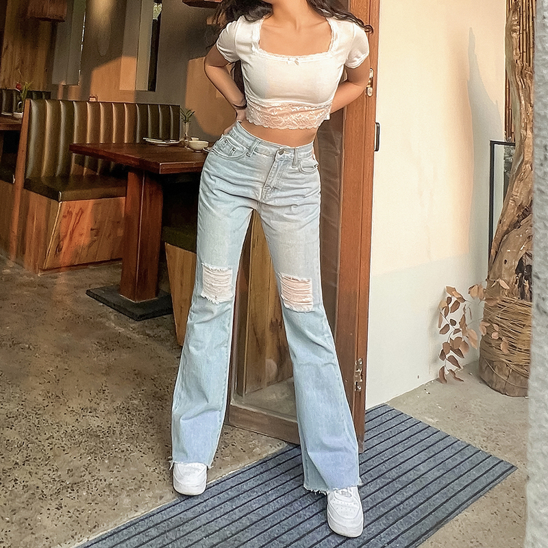 High Street Women's Jeans Y2K Waist Ripped Denim Straight Pants Streetwear Wide Leg Casual Loose Baggy Trousers 220402