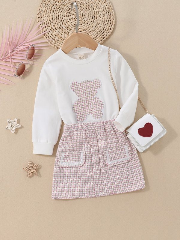 Toddler Girls Bear Embroidery Sweatshirt & Plaid Skirt SHE