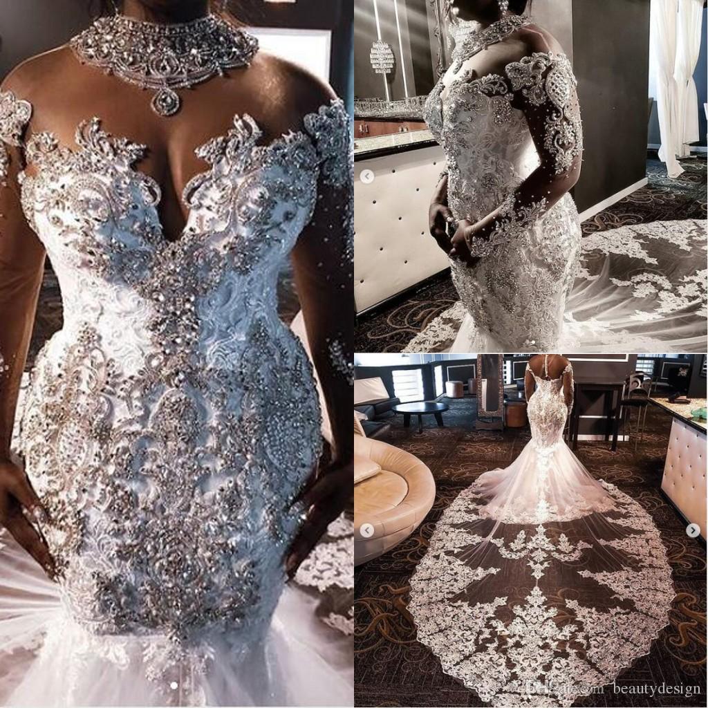 Sparkly Crystal Mermaid Wedding Dresses 2022 High Neck Long Sleeve Plus Size Lace Floral Cathedral Train African Beach Garden Bridal Gown Vestiods