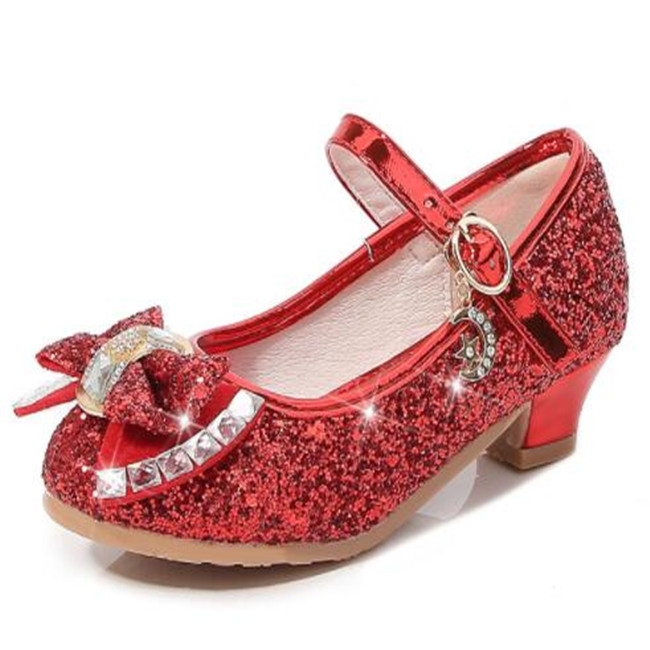 Kids Shoes Sandals Sequin Girls High Heel Shoes Round Head Soft Bottom Bow Children Princess Shows Crystal Leather Shoe