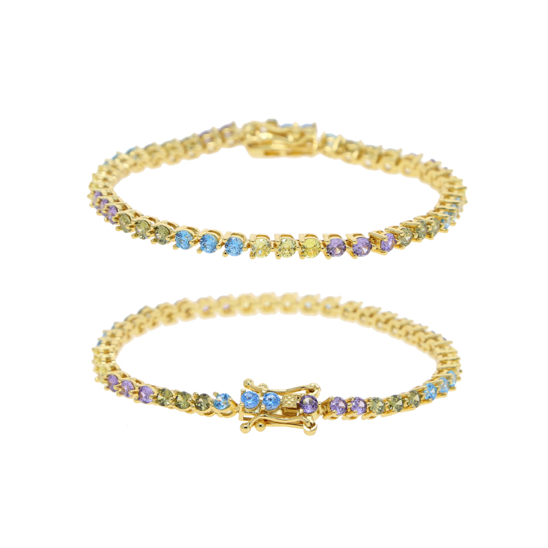 Rainbow Colorful Cubic Zirconia Round Bezel Tennis Chain Bracelet for women girl Fashion wedding jewelry gifts