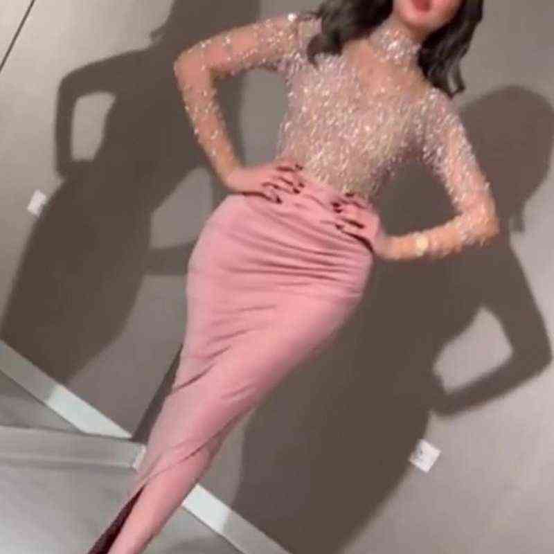 Glitter 2021 Summer Women Sequin Dress Shiny O Neck Mesh Patchwork Club Party Long Sleeve Bodycon Ruched Long Split Dresses Pink T2