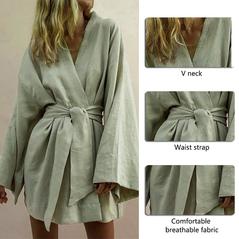 Women s V Neck Kimono Cardigan Mini Dress White Cotton Linen Long Sleeve Sashes Lace Up Dresses Women Summer Loose 220618