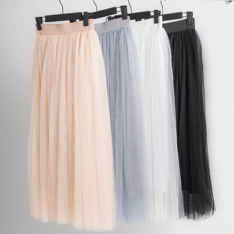 Vintage Tulle Skirt Women Elastic High Waist 3 Layers Aline Pleated Mesh Skirt Long Bride Tutu Skirts Female Jupe Longue 220701