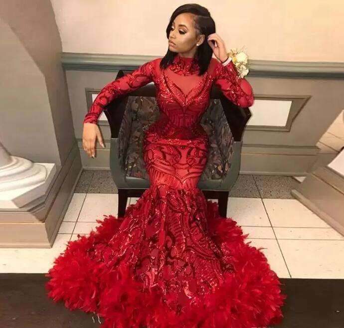 2022 Gorgeous Sparkly Red Mermaid Evening Dresses Sequined with Feathers Long Sleeve African Black Girl Prom Dresses Formal Party Gown BES121