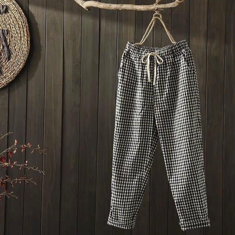 Spring Summer Plaid Pant's Harem s Drawstring Waist Large Size Casual Loose Cotton Linen Trouser 220325