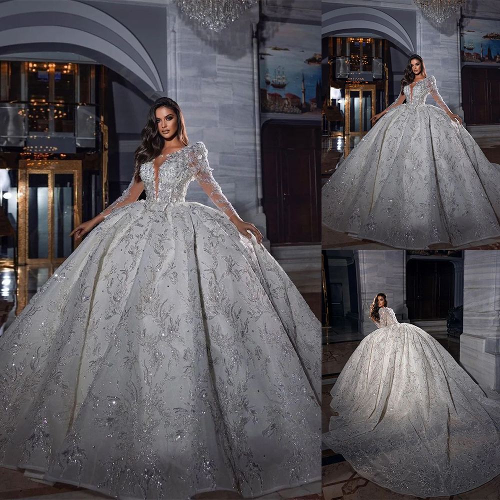 Glitter Cap Sleeves Wedding Dresses Sheer Neck Bridal Gowns Jewel Crystals Long Train Sequined Robe de mariée Custom Made