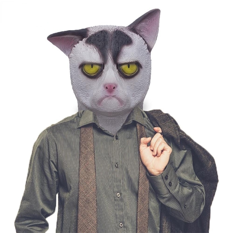 Party Masks Unhappy White Cat Mask Halloween Costume Party Novelty Animal Head Rubber Latex Mask 220826