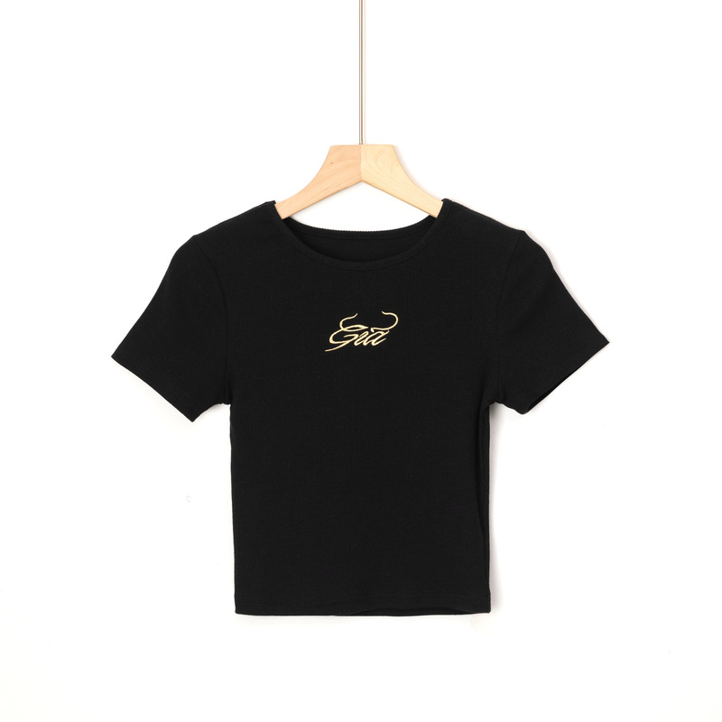 Women gia letters embroidery short sleeve ribbed tshirt tee crop top cropped Tee Vintage 90s Casual Solid Summer For 220321