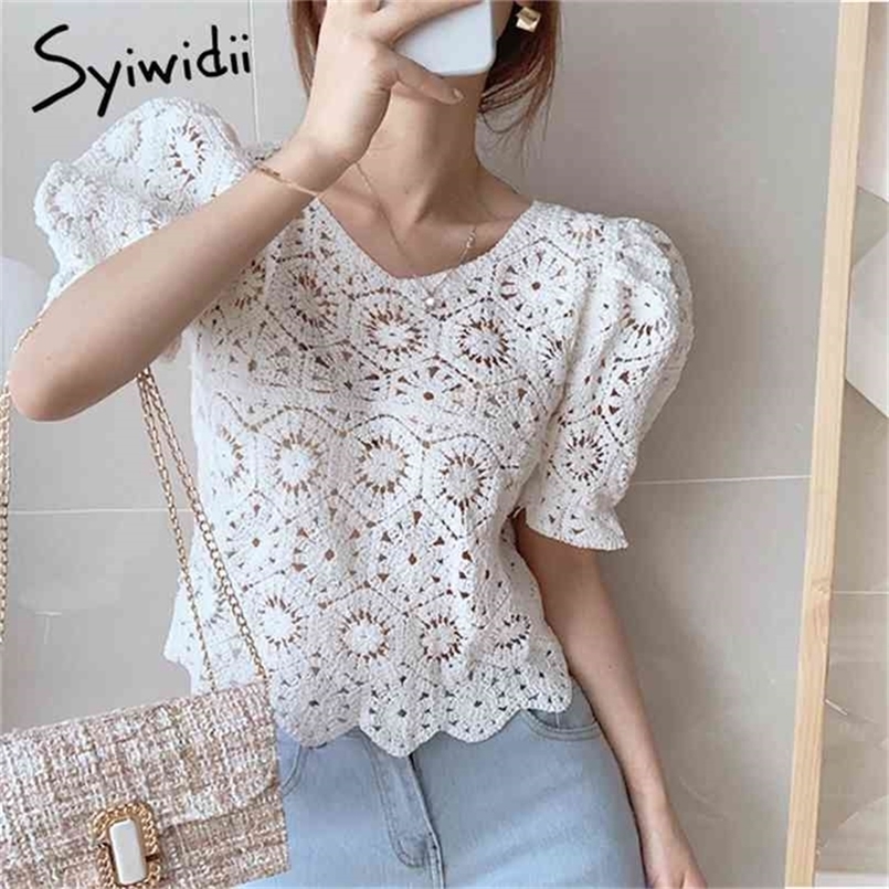 Hollow Out Blouses Women Puff Sleeve Short Tops O-Neck White Lace Clothes Summer Korean Fashion Shirts 210607
Hollow Out Blouses Women Puff Sleeve Short Tops O-Neck White Lace Clothes Summer Korean Fashion Shirts 210607