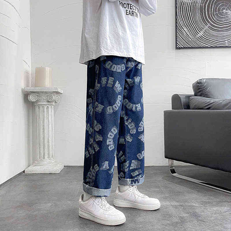 Fashion Men Wide Leg Jeans Letter print Streetwear Hip hop Straight Baggy Denim trend Pants Male Brand Trousers 2022 Autumn New G0104