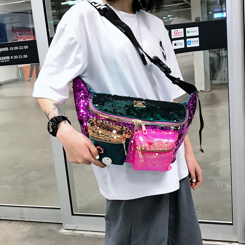 Color Sequins Womens Waist Bag Large Capacity Hip Hop Fanny Pack Multiple Pockets Belt s Female Shoulder Crossbody Chest 220621