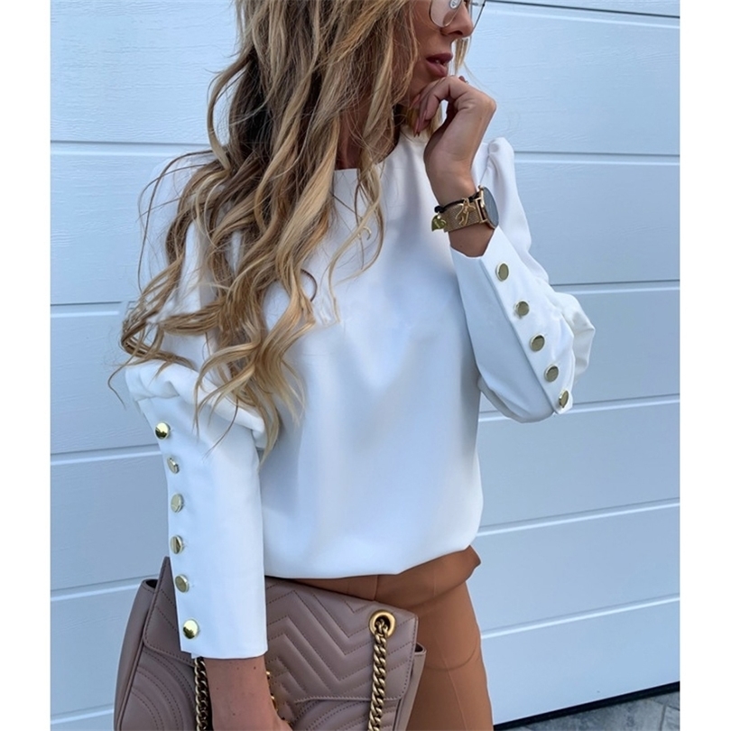 Women Clothing Solid O Neck Buttons Elegant Casual Blouse Office Ladies Plus Size S3XL Allmatch Long Sleeve Shirt SJ4764E T200322