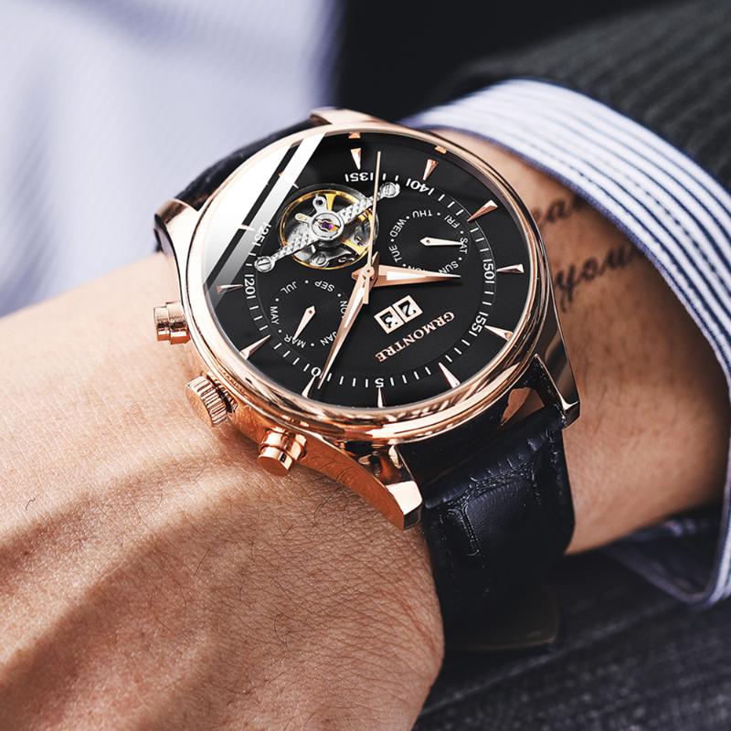 

Wristwatches Skeleton Tourbillon Mechanical Watch Men Automatic Classic Rose Gold Leather Wrist Watches Reloj Hombre 2022 LuxuryWristwatches, G-8809 black