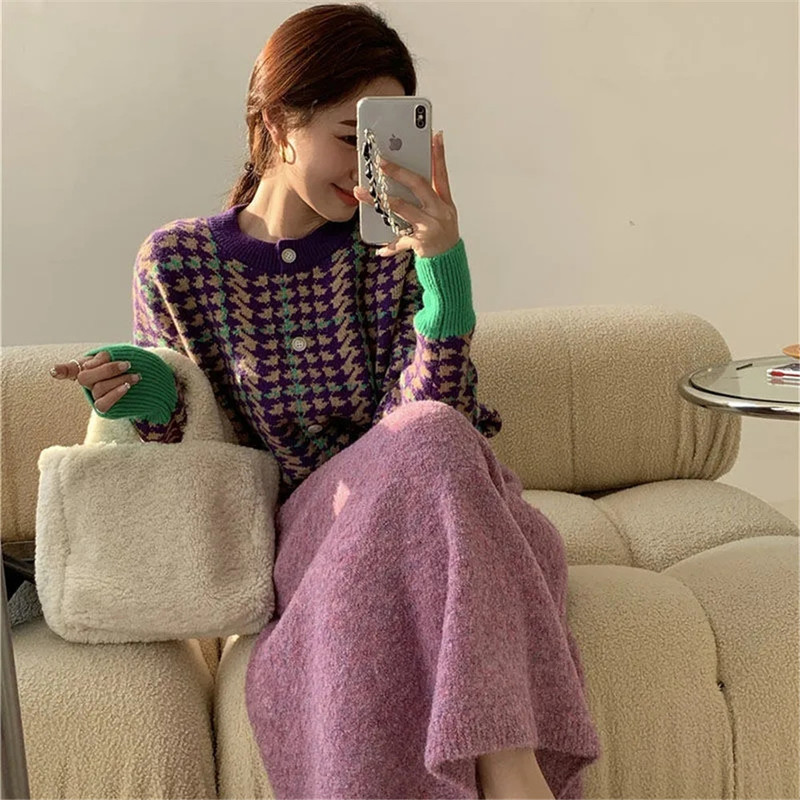 Sweet Pink Vintage Japanese Skirt Women Knit High Waist A Line Soft Casual Elegant Skirts sweater Autumn Winter Fashion Saia 220317