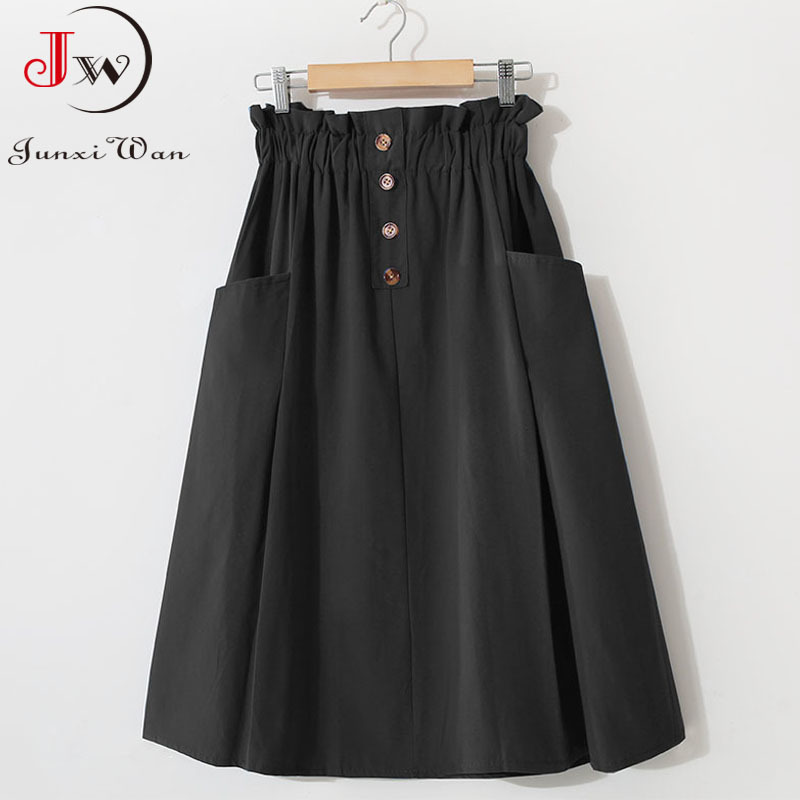Women Summer Skirt Spring Korean Style Casual Solid High Waist ALine Midi Skirts With Pocket Girls Elegant Faldas 220701
