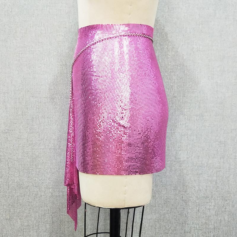 Skirts Sexy Club Silver Aluminum Sequin Metallic Asymmetric Metal Mesh Chainmail BirthdayParty Skirt7767586