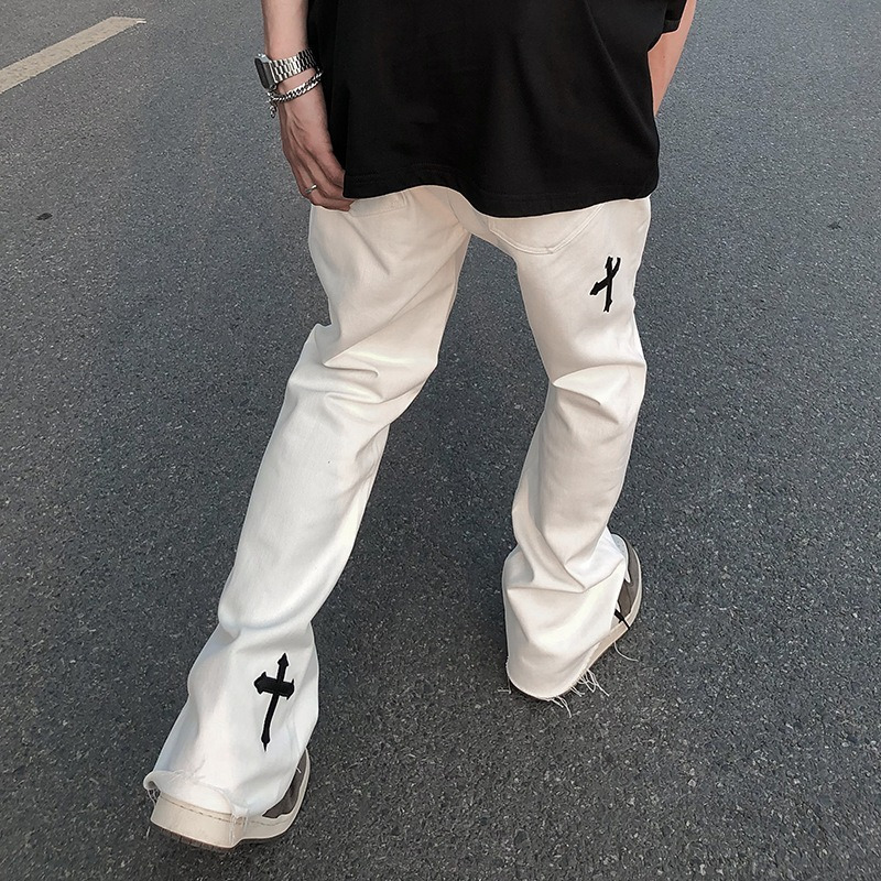Mens Jeans ICCLEK High Street Loose Casual Pants Mens Embroidered Cross Flare 220823